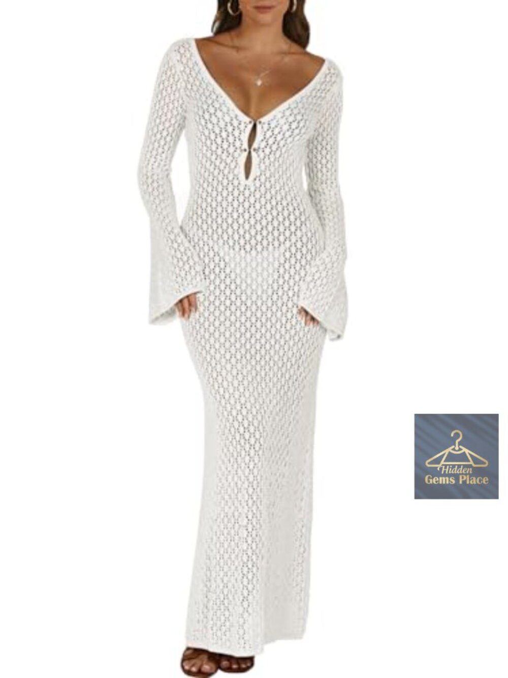 Women Crochet Swimsuit Coverup Beach Maxi Dress V-Neck